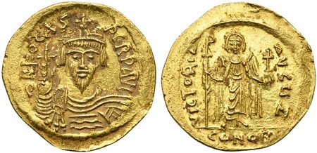 Phocas (602-610); AV Solidus (g 4,50; mm 22; h 6); Constantinople, 607-610; Crowned, draped and cuirassed bust facing, holding globus cruciger; Rv. Angel standing facing, holding long staff surmounted by staurogram and globus cruc
