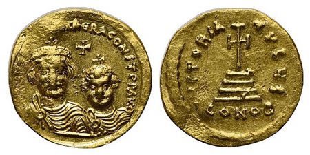 Heraclius and Heraclius Constantine (610-641); AV Solidus (g 4,40; mm 19; h 12); Constantinople, 613-616. Crowned and draped busts of Heraclius and Heraclius Constantine facing; cross above; Rv. Cross potent set on three steps; I/