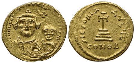 Heraclius and Heraclius Constantine (610-641); AV Solidus (g 4,46; mm 20,5; h 7); Constantinople, 616-625. Crowned and draped facing busts of Heraclius and Heraclius Constantine; cross above; Rv. Cross potent set upon three steps;