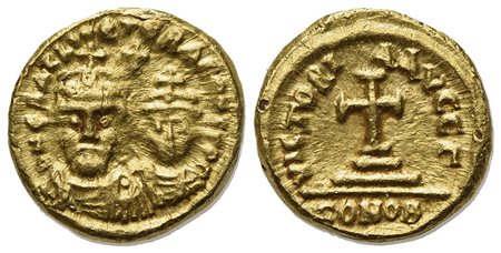 Heraclius and Heraclius Constantine (610-641); AV Solidus (g 4,47; mm 13,5; h 6); Carthage, year 3 (614/5). Crowned, draped and cuirassed busts of Heraclius, with short beard, and Heraclius Constantine, beardless, facing; cross ab