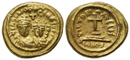Heraclius and Heraclius Constantine (610-641); AV Solidus (g 4,47; mm 13,5; h 6); Carthage, year 8 (619/20). Crowned, draped and cuirassed busts of Heraclius, with short beard, and Heraclius Constantine, beardless, facing; cross a