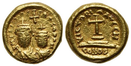 Heraclius and Heraclius Constantine (610-641); AV Solidus (g 4,46; mm 13,5; h 6); Carthage, year 8 (619/20). Crowned, draped and cuirassed busts of Heraclius, with short beard, and Heraclius Constantine, beardless, facing; cross a