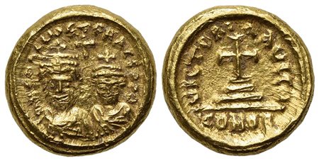 Heraclius and Heraclius Constantine (610-641); AV Solidus (g 4,44; mm 14; h 6); Carthage, year 10 (621/2). Crowned, draped and cuirassed busts of Heraclius, with short beard, and Heraclius Constantine, beardless, facing; cross abo