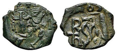 Heraclius (610-641); AE 40 Nummi (g 5,21; mm 23; h 4); Syracuse, 632-641. Countermarked: crowned facing busts of Heraclius and Heraclius Constantine; cross above; Rv, Monogram and SCs. MIB pl. 18, Km 6; DOC 243; Sear 884. Good ver