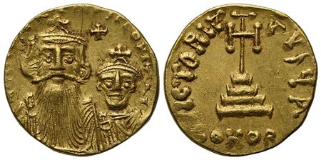Constans II (641-668); AV Solidus (g 4,38; mm 19,5; h 6); Constantinople, 654-659. Crowned busts of Constans and Constantine facing, both wearing chlamys; cross above; Rv. Cross potent set on three steps; A//CONOB. MIB 26; DOC 25a