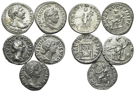 Lot of 5 Roman Imperial AR Denarii, including Trajan, Faustina Junior (3) and Caracalla. Lot sold as is, no return