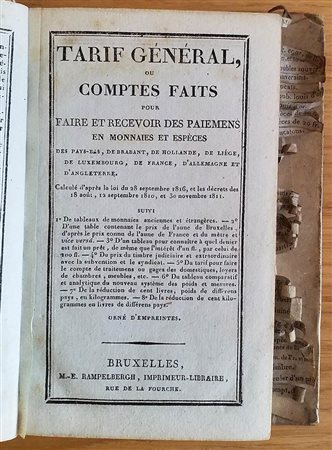 AA.VV. Tarif General ou Comptes Faits pour faire et recevoir des paiemens en monnaies et especes. Bruxelles 1809. Tutta Pelle pp. 276, ill in b/n. Buono stato