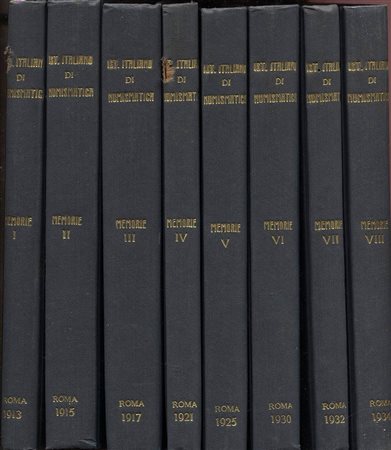 AA.VV. Atti e Memorie dell’Istituto italiano di Numismatica. Roma,  1913 – 1934. 8 volumi. Con tavv. E ill. nel testo. Opera completa ril. \ pelle con scritte sul dorso.  Buono stato.Catalogue des Monnaies Byzantines qui composant