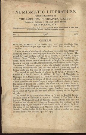 AA.VV. Numismatic Literature N.15.  New York, 1951. Pp. 234 – 279. Ril. ed. buono stato.