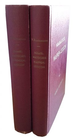 Rentzmann W. 2 Voll. I Vol. Numismatisches Legenden-Lexicon des Mittelalters und der Neuzeit. Unverannderter Nachdruck 1965. Tela ed. con titolo al dorso e al piatto, pp. VII,191 + 247 + 46. II Vol. Numismatiches Wappen- Lexicon. 