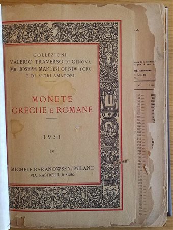 Baranowsky  IV M. Collezioni Valerio Traverso di Genova, Mr. Joseph Martini of New York e di altri Amatori. Monete Greche e Romane. Milano 25 Febbraio 1931. Tutta Tela PP. 237, lotti 3351, tavv. LXXVI in b/n. Buono stato