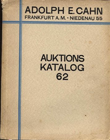 CAHN A. - -Auktion 62. Rheinische Sammlung von munzen del mittelalters und der neuzeit. I teil.
Frankfurt am Main 15 – Januar – 1929. Pp 131, nn. 2272,  tavv. 32. Ril. ed. buono stato.