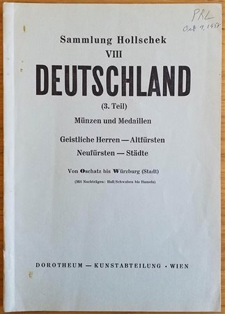 Dorotheum Sammlung Hollschek VIII Deutschland (3 Teil) Munzen und Medaillen. Wien 09-10-11 Oktober 1958. Brossura ed. pp. 62, lotti da 2582 3721, tavv VIII ion b/n. Buono stato