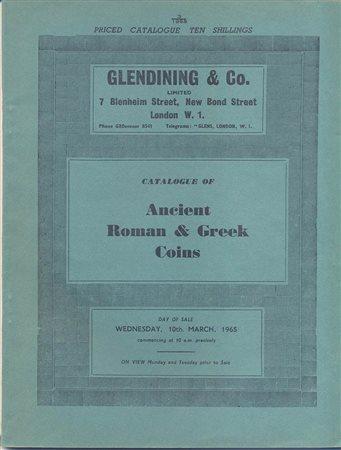 GLENDINING & Co. – Catalogue of ancient roman & greek coins. London, 10 – March – 1965. Pp. 93, nn. 299, tavv. 9. Ril. editoriale, buono stato, importante vendita.contiene la collezione  Rothschild per le monete della Palestina. S