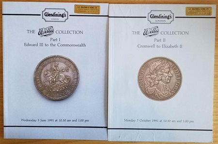 Glendining's 2 Cataloghi The Willis Collection. Part I Edward III to the Commonwealth 05 June 1991. Brossura ed. pp. 52, tavv. XXXI in b/n, tavv. II di ingrandimenti a colori.  Part II Cromwell to Elizabeth II. London 07 October 1