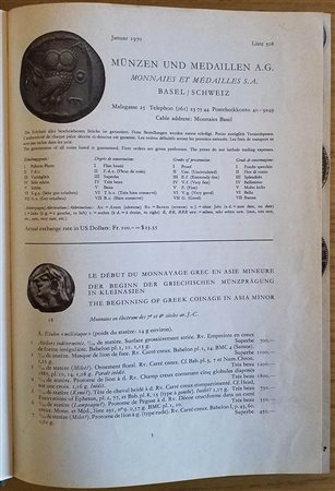 Munzen und Medaillen Raccolta di listini da Gennaio 1970 ad Agosto 1972. Tela con titolo in oro al dorso, tavv. In b/n. Ottimo stato.