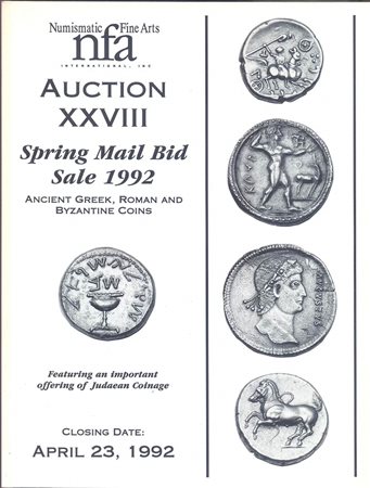 NUMISMATIC FINE ARTS.  Auction  XXVIII. Spring mail bid sale 1992. Ancient greek, roman and byzantine coins, feautring an important offering of Judean coins. Chicago, 23 – April – 1992. Pp. no numerate, nn. 1571, tavv. 56. Ril. ed