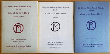 Schulman Hans M.F. 3 Cataloghi The Thomas Ollive Mabbott Collection. Part. One, Coins of the Greek World. 6-7-9-10-11 June 1969. Brossura ed. pp. 148, lotti 3860 + catalogo di  tavv. In b/n. Con lista dei prezzi di realizzo . Part