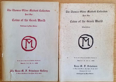 Schulman Hans M.F. 2 Cataloghi The Thomas Ollive Mabbott Collection. Part. One, Coins of the Greek World. 6-7-9-10-11 June 1969. Brossura ed. pp. 148, lotti 3860 + catalogo di  tavv. In b/n.