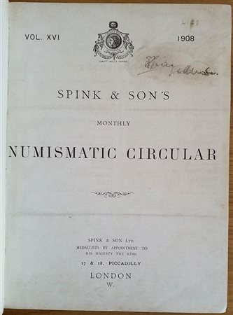 Spink & Son's Numismatic Circular Annata completa. 1908. Tutta Tela con titolo al dorso, ill. in b/n. Buono stato