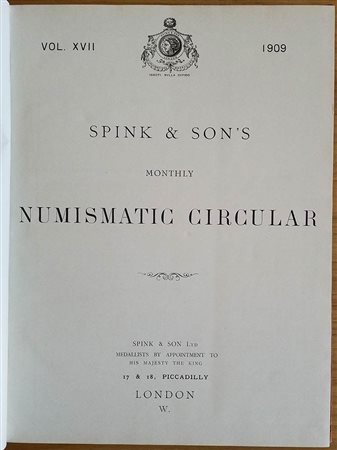 Spink & Son's Numismatic Circular Annata completa. 1909 Tutta Tela con titolo al dorso, ill. in b/n. Buono stato