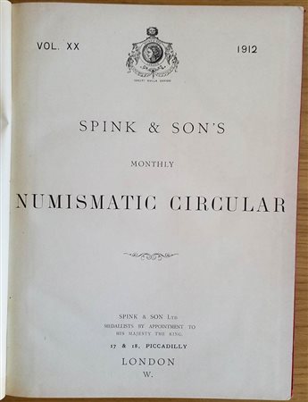 Spink & Son's Numismatic Circular Annata completa. 1912. Mezza Pelle con titolo al dorso, ill. in b/n. Buono stato