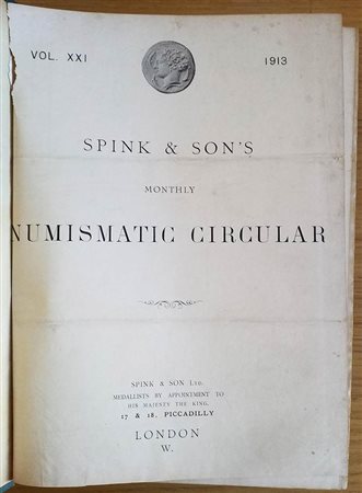 Spink & Son's Numismatic Circular Annate complete.  1913-1915. Mezza Pelle con titolo al dorso, ill. in b/n. Dorsetto parzialmente staccato. Buono stato