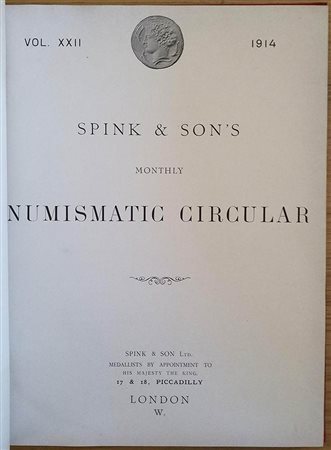 Spink & Son's Numismatic Circular Annata completa.  1914. Mezza Pelle con titolo al dorso, ill. in b/n. Buono stato