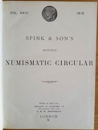 Spink & Son's Numismatic Circular Annata completa.  1915 Mezza Pelle con titolo al dorso, ill. in b/n. Buono stato