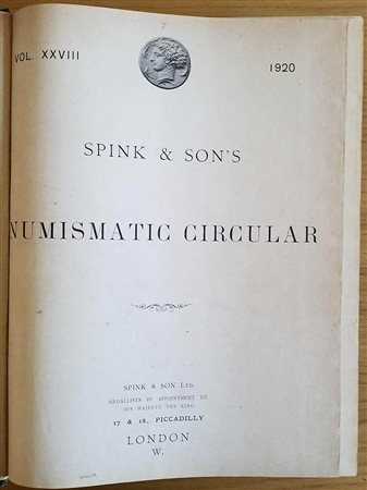 Spink & Son's Numismatic Circular Annate complete.  1920-1922. Mezza tela con titolo al dorso, ill. In b/n. Buono stato