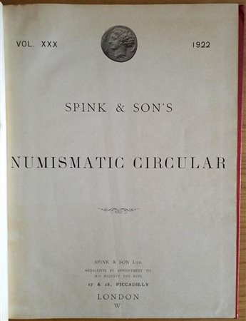 Spink & Son's Numismatic Circular Annata completa.  1922. Mezza Pelle con titolo al dorso, ill. in b/n. Buono stato