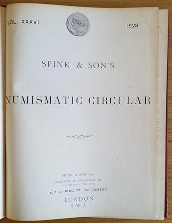 Spink & Son's Numismatic Circular Annata completa.  1928 Mezza Pelle con titolo al dorso, ill. in b/n. Buono stato
