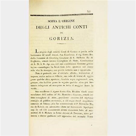 DE BONOMO STETTNER Andrea. Sopra l'origine degli antichi Conti di Gorizia. Trieste, 1831 Cartoncino muto MOLTO RARO pp. 26 	