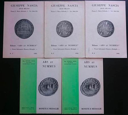 Ars et Nummus - Giuseppe Nascia. Lotto di 4 Listini (1, 2, 3, 4). Milano, 1969-1981. Ottime condizioni, copertine macchiate, qualche piegatura.