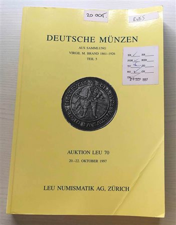 Leu Numismatik Auktion 70 Deutsche Munzen aus Sammlung Virgil M. Brand 1861-1926. Teil 5. Zurich 20-22 Oktober 1997. Brossura ed. pp. 476, lotti da 5673 a 7837, tavv. 4 a colori. Con lista prezzi dibrealizzo. Buono stato
