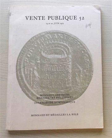 Monnaies et Medailles Vente Publique 52 Monnaies Grecques, Romaines et Byzantines, Ouvrages de Numismatique. Basel 19-20 Juni 1975. Brossura ed. pp. 122, lotti 1043, tavv. 54 in b/n, 2 tavv. A colori. Con lista prezzi di stima. Bu