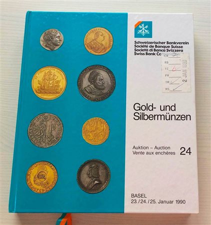 SBV Auktion 24 Gold- und Sibermunzen. Basel 23-24-25 Januar 1990. Cartonato ed. pp. 481, lotti 2414, ill. in b/n, tavv. 4 di ingrandimenti a colori. Con lista prezzi di realizzo. Ottimo stato