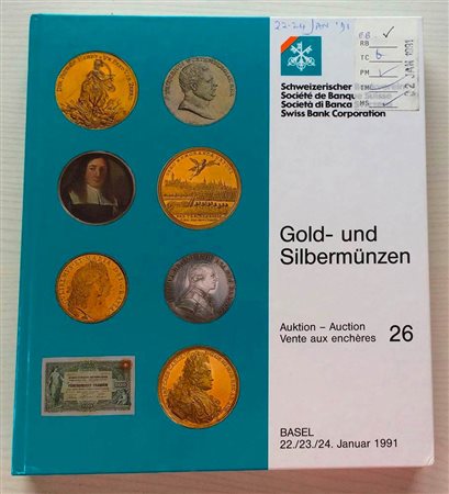 SBV Auktion 25 Gold- und Sibermunzen. Basel 19-20 September 1990. Cartonato ed. pp. 310, lotti 2119, ill. in b/n, tavv. 4 di ingrandimenti a colori. Con lista prezzi di realizzo. Ottimo stato.