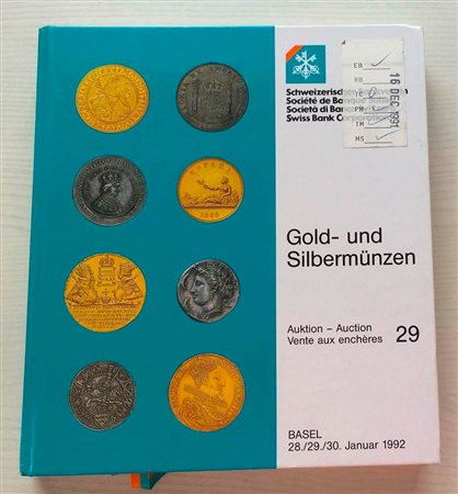 SBV Auktion 29 Gold- und Sibermunzen. Basel 28-29-30 Januar 1992. Cartonato ed. pp. 394, lotti 2128, ill. in b/n. Tavv. 5 di ingrandimenti a colori. Con lista prezzi di realizzo. Ottimo stato