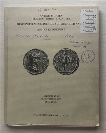 Sternberg F. Auktion XXVI, Antike Munzen Griechen, Romer, Byzantiner, Geschnittene Steine und Schmuck der Antike. Antike Kleinkunst. Zurich 16 November 1992, Brossura ed. pp. 106, lotti 729, tavv. 6 a colori, tavv. L in b/n, tavv.