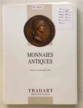Tradart Monnaies Antiques Grecques et Romaines provenant des Collections de divers Amateurs. Geneve 18 Novembre 1993. Brossura ed. 200, lotti 367, ill. a colori. Con lista prezzi di stimae di realizzo. Ottimo stato.