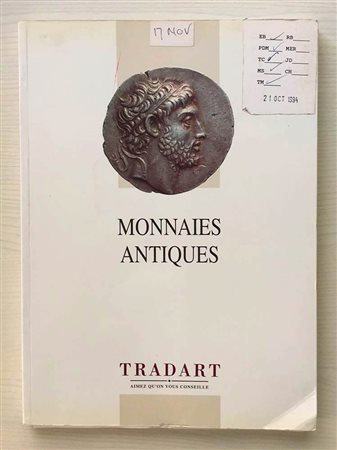 Tradart Monnaies Antiques Grecques et Romaines provenant des Collections de divers Amateurs. Geneve 17 Novembre 1994 Brossura ed. pp. 159, lotti 290, ill. a colori. Con lista prezzi di stima e di realizzo. Ottimo stato.
