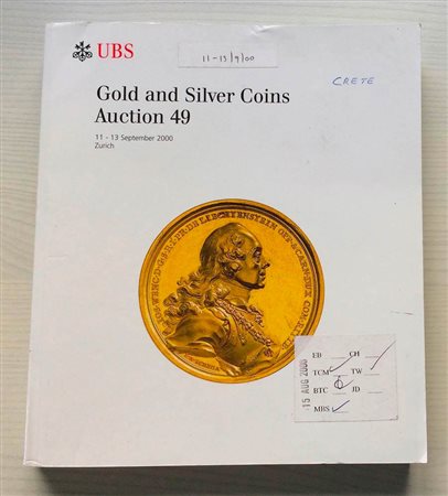 UBS Auction 49 Gold and Silver Coins. Zurich 11-13 September 2000. Brossura ed. pp. 488, ill. in b/n, tavv. 8 di ingrandimenti a colori. Con lista prezzi di realizzo. Ottimo stato