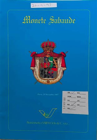 Varesi C. Asta XXVI 2 cataloghi I Cat. Monete Sabaude Collezione “Gloria” I Part. . Pavia 20 Novembre 1997. Brossura ed. pp. 78, lotti 650, ill. in b/n, tavv. 2 di ingrandimenti. II Cat. Prove, Progetti e Saggi del Regno d' Italia
