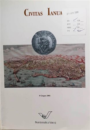 Varesi C. Asta XXXVI Civitas Ianua. Pavia 08 Giugno 2001. Brossura ed. pp. 59, lotti 334, ill. in b/n. Tav. 1 di ingrandimenti a colori. Ottimo stato.