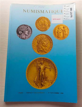 Vinchon F. B. Monnaies de Collection. Paris 17 Novembre 1990. Brossura ed. lotti 616, ill. in b/n, tavv. 3 di ingrandimenti a colori. Con lista prezzi di realizzo. Ottimo stato