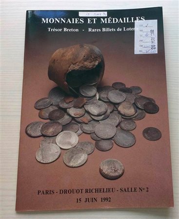 Weil A. Monnaies et Medailles Tresor Breton Rares Billets de Loterie. Paris 15 Juin 1992. Brossura ed. lotti 327, tavv. In b/n, tav. 1 di ingrandimenti a colori. Ottimo stato.