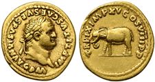 Titus (79-81), Aureus, Rome, AD 80. AV (g 6,90; mm 20; h 6). IMP TITVS CAES VESPASIAN AVG P M, Laureate head r., Rv. TR P IX IMP XV COS VIII P P, Elephant advancing l. RIC 114; Calicó 774a. Very fine