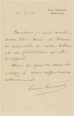 LUMIERE Louis (1864-1948) - Lettera autografa. Bandol (Var): 15 Luglio 1935.

L