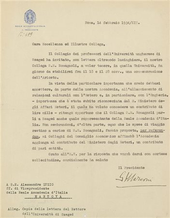 MARCONI Guglielmo (1874-1937) - Lettera dattiloscritta firmata in qualità di Pr